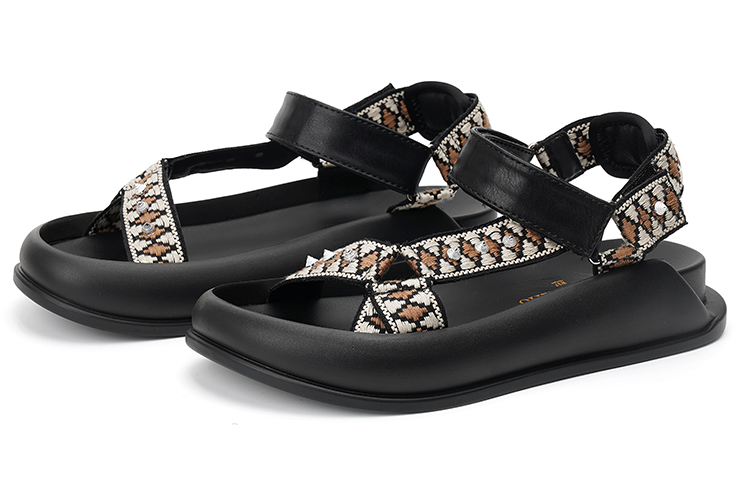 (W) Joy&Mario Woven Ethnic Jacquard Ribbon Sandals 'Black' 圖 2