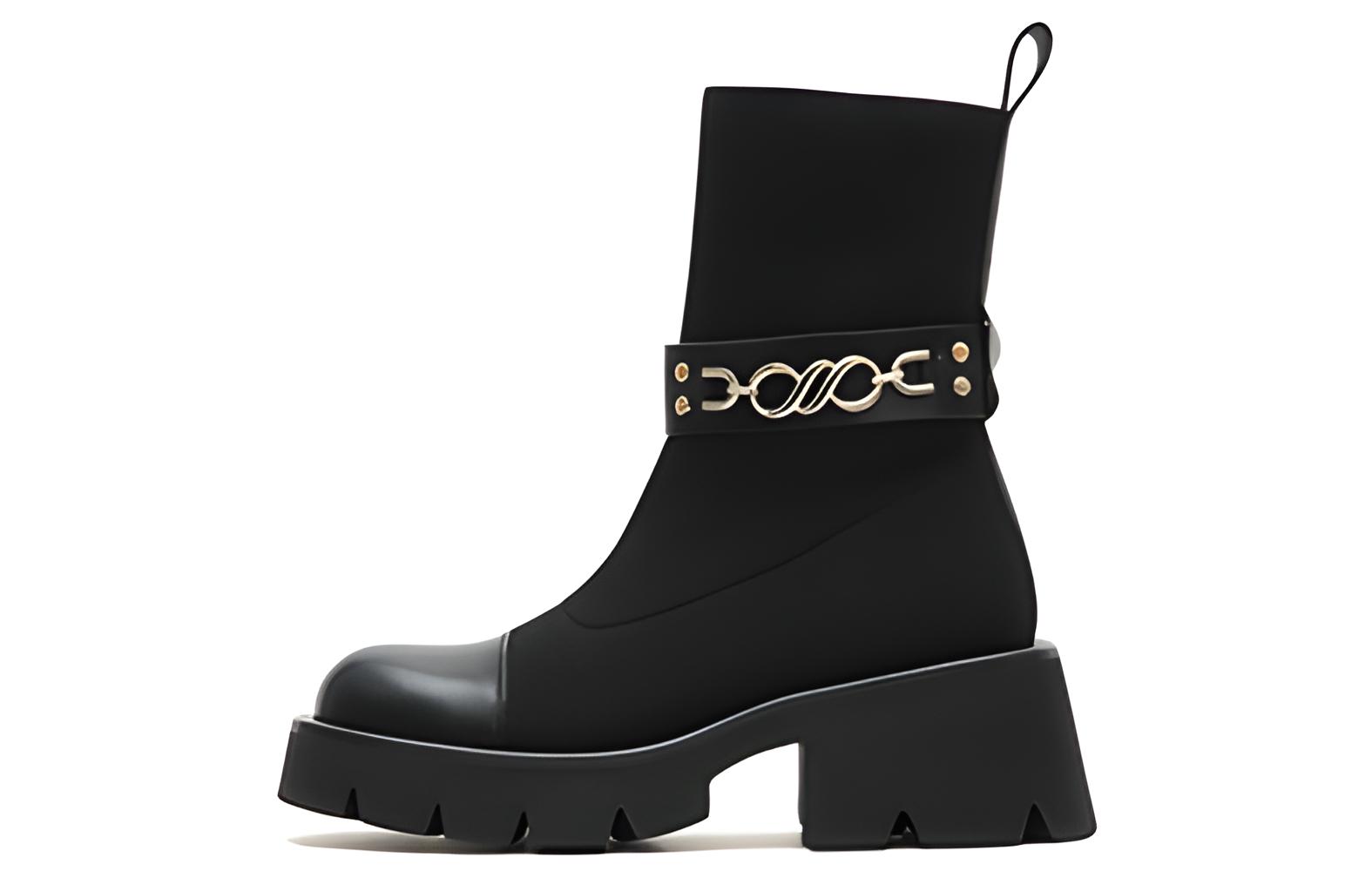 (W) Joypeace 'Black Buckle Splice Round Toe Sock Boots'