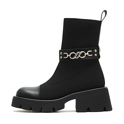 (W) Joypeace 'Black Buckle Splice Round Toe Sock Boots'