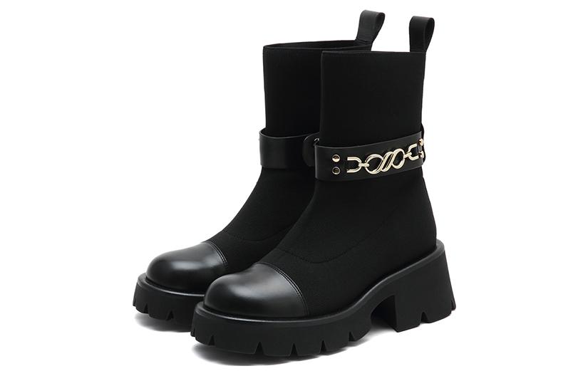 (W) Joypeace 'Black Buckle Splice Round Toe Sock Boots' 圖 2