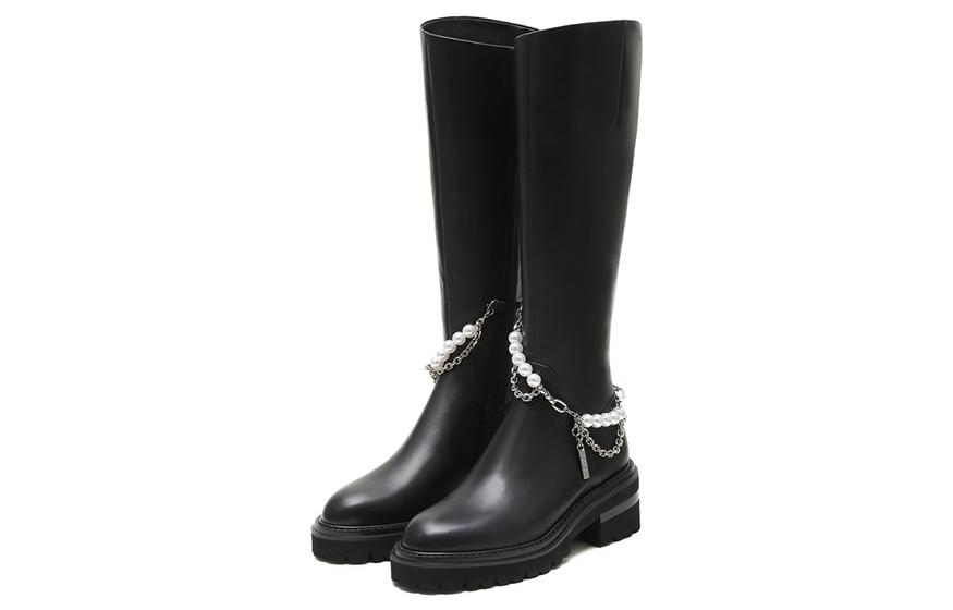 Order (W) Joypeace 'Botas Altas de Cuero con Cadena y Perla Negra' YPU55DC2