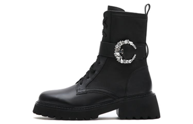 (Women) Joypeace 'British Glam Rhinestone Chunky Mid-Calf Martin Boots Black' YQB48DZ2