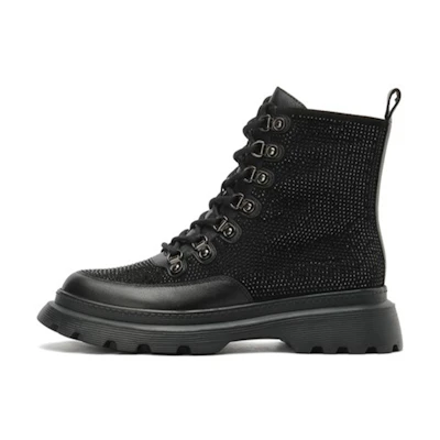 (W) Joypeace 'Rhinestone Studded Short Martin Boots - Black'