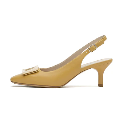(W) Joypeace 'Sheepskin Square-Toe Wood-Grain Buckle Cut-Out High Heels'