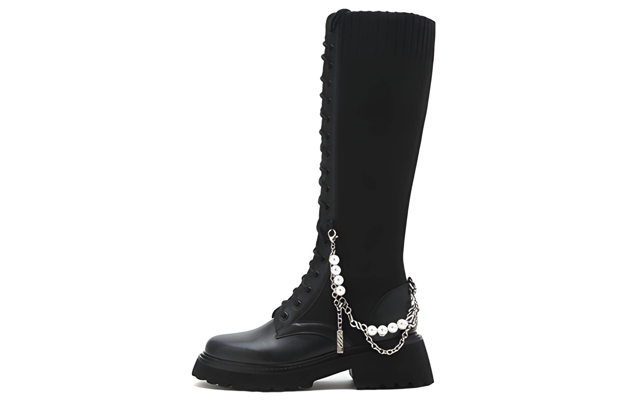 (W) Joypeace Boots 'Black' 'Pearl Chain Knight'