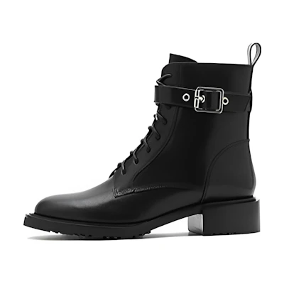 (W) Joypeace Leather Martin Boots 'Black' 'British Block Heel Workwear'