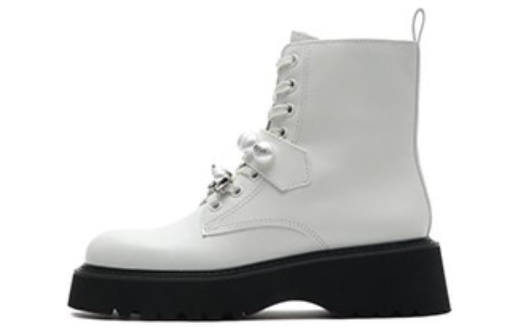 (Women) Joypeace Leather Mid-Calf Martin Boots 'Fashion Pearl Rhinestone Buckle' YUC31DZ2