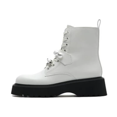 (W) Joypeace Leather Mid-Calf Martin Boots 'Fashion Pearl Rhinestone Buckle'