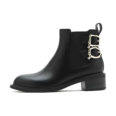 (W) Joypeace ZMS 'Black Metal Buckle Chunky Heel Chelsea Boot'