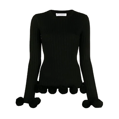 (Women) JW Anderson Black Slim Fit Ribbed Wool Sweater Pullover. KT0042YN0008-999