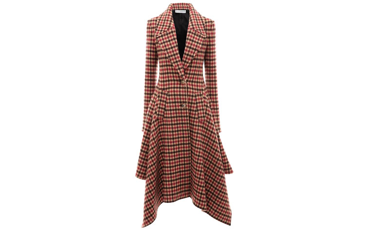 (Women) JW Anderson FW21  Red Ruffle Trim Long Plaid Single-Breasted Coat CO0063P-G0312-445
