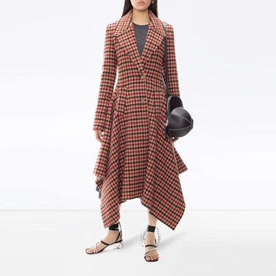 (W) JW Anderson FW21 Merah Kot Kotak Trim Ruffle Panjang Single-Breasted CO0063P-G0312-445 Purchase (W) JW Anderson FW21 Merah Kot Kotak Trim Ruffle Panjang Single-Breasted CO0063P-G0312-445