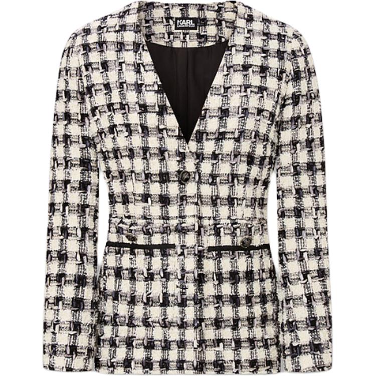 (Women) KARL LAGERFELD  Black & White Plaid Tweed V-Neck Jacket. E37W1541-191985