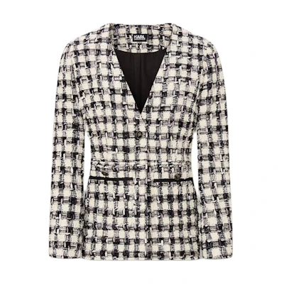(Women) KARL LAGERFELD Black & White Plaid Tweed V-Neck Jacket. E37W1541-191985