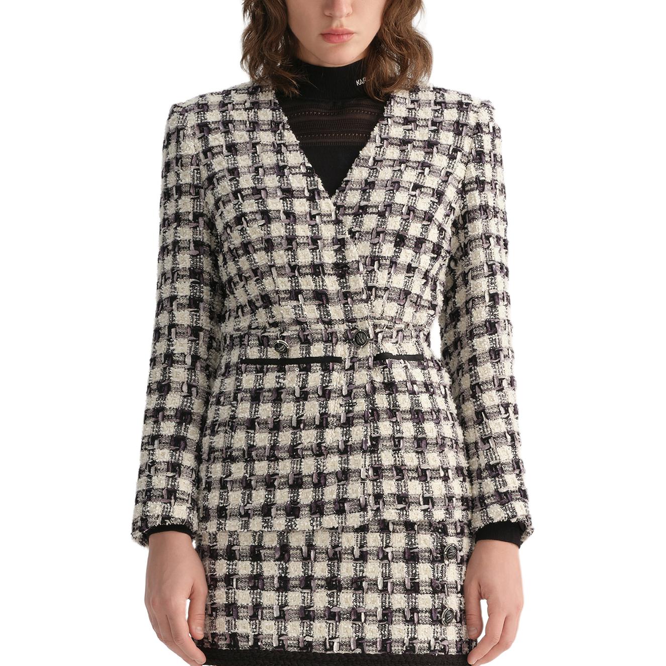 Shop (Women) KARL LAGERFELD  Black & White Plaid Tweed V-Neck Jacket. E37W1541-191985