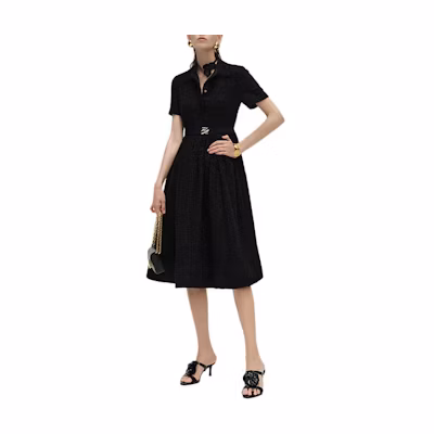 (Women) KARL LAGERFELD Black Belted A-Line Short Sleeve Dress 241L1312
