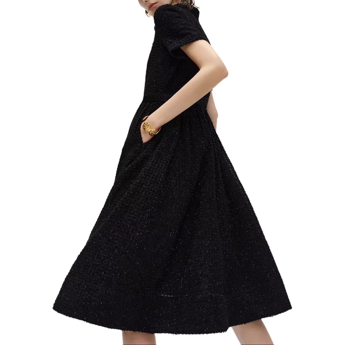 Purchase (W) KARL LAGERFELD Gaun Hitam A-Line dengan Sabuk Lengan Pendek 241L1312