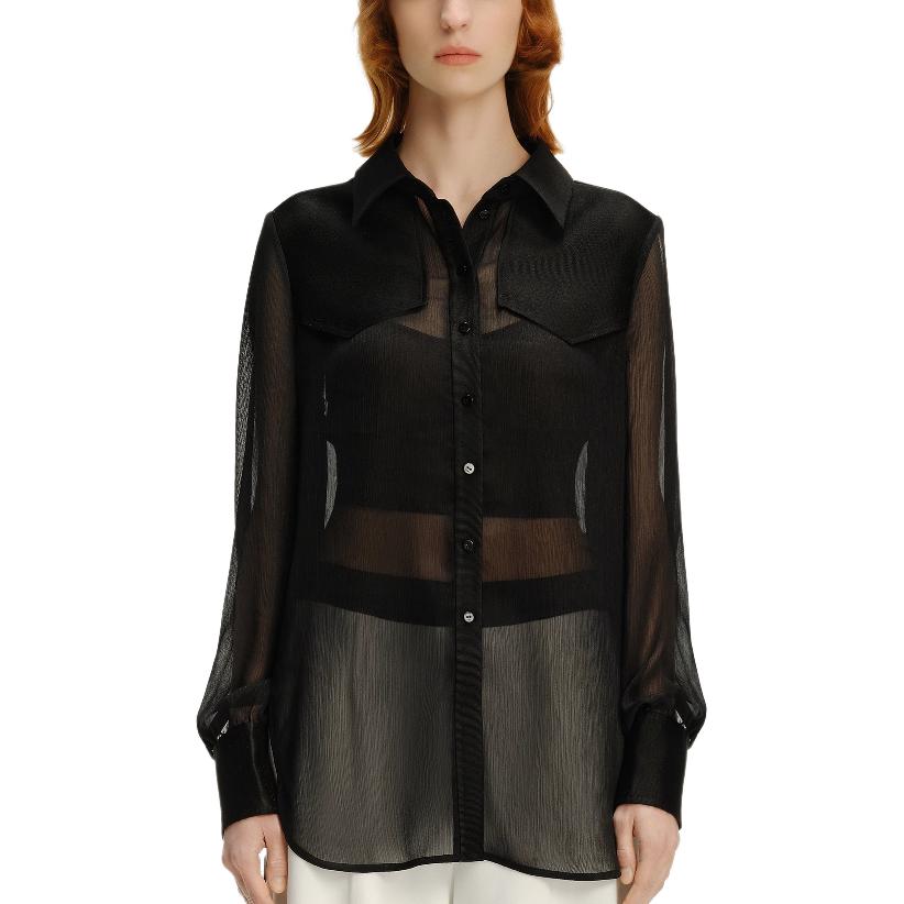 Sizing (Women) KARL LAGERFELD  Black Business Casual Long Sleeve Button-Up Shirt 241L1647