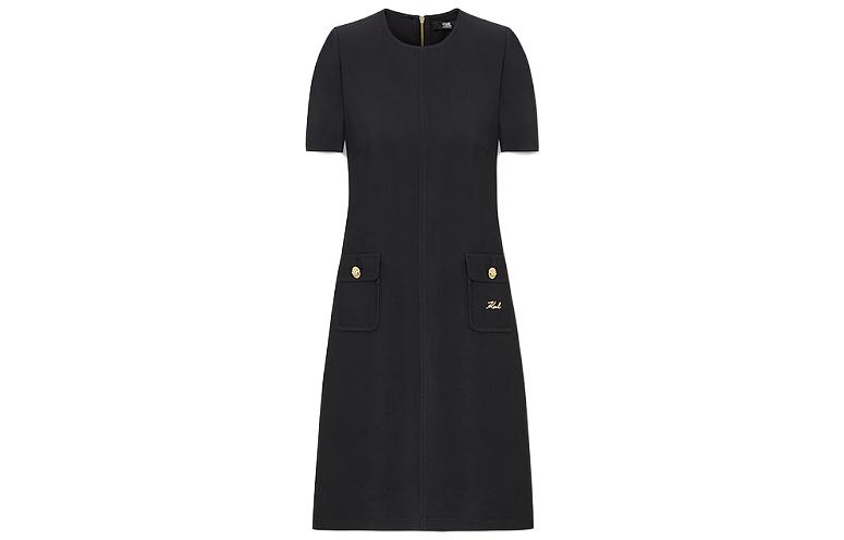 (Women) KARL LAGERFELD  Black Casual Short Sleeve Crew Neck Dress E36W1307