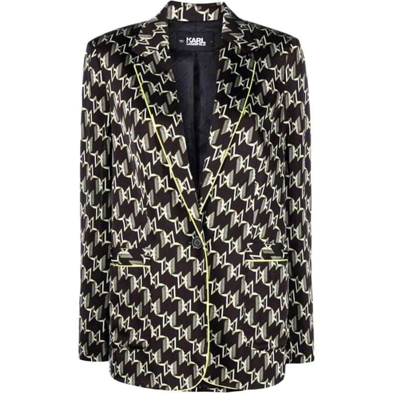 (Women) KARL LAGERFELD  Black Colorblock Logo Print Long Sleeve Blazer Jacket. 225W1406P91