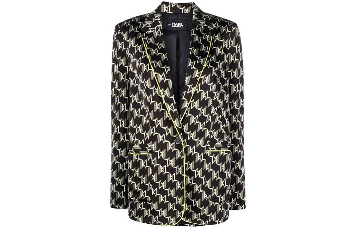Order (Women) KARL LAGERFELD  Black Colorblock Logo Print Long Sleeve Blazer Jacket. 225W1406P91