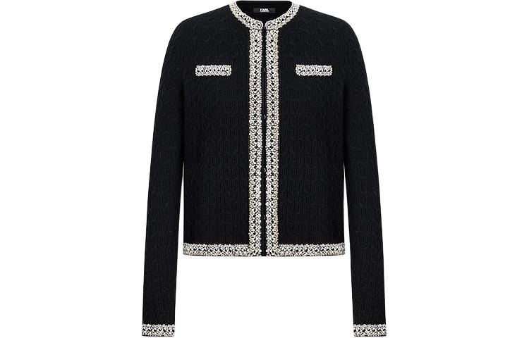 (Women) KARL LAGERFELD  Black Colorblock Short Knit Cardigan Luxury Streetwear. 241E2064