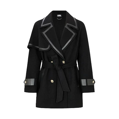 (Women) KARL LAGERFELD Black Double-Breasted Belted Patchwork Coat E37W1503