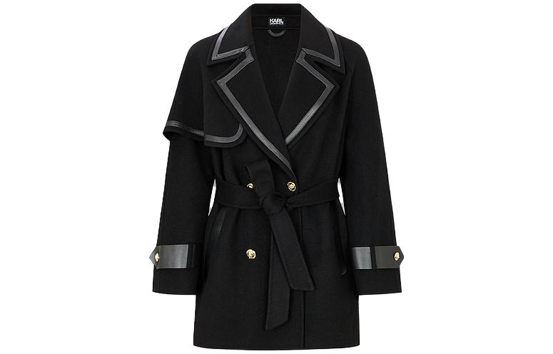Order (Women) KARL LAGERFELD  Black Double-Breasted Belted Patchwork Coat E37W1503