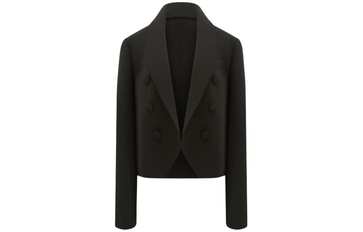 (Women) KARL LAGERFELD  Black Double-Breasted Short Blazer with Notched Lapel 231L1435