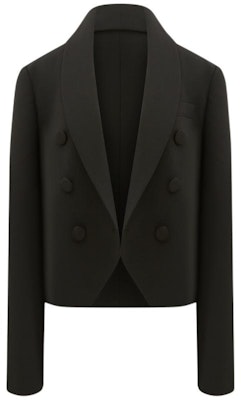 (Women) KARL LAGERFELD Black Double-Breasted Short Blazer with Notched Lapel 231L1435 Order (Women) KARL LAGERFELD Black Double-Breasted Short Blazer with Notched Lapel 231L1435