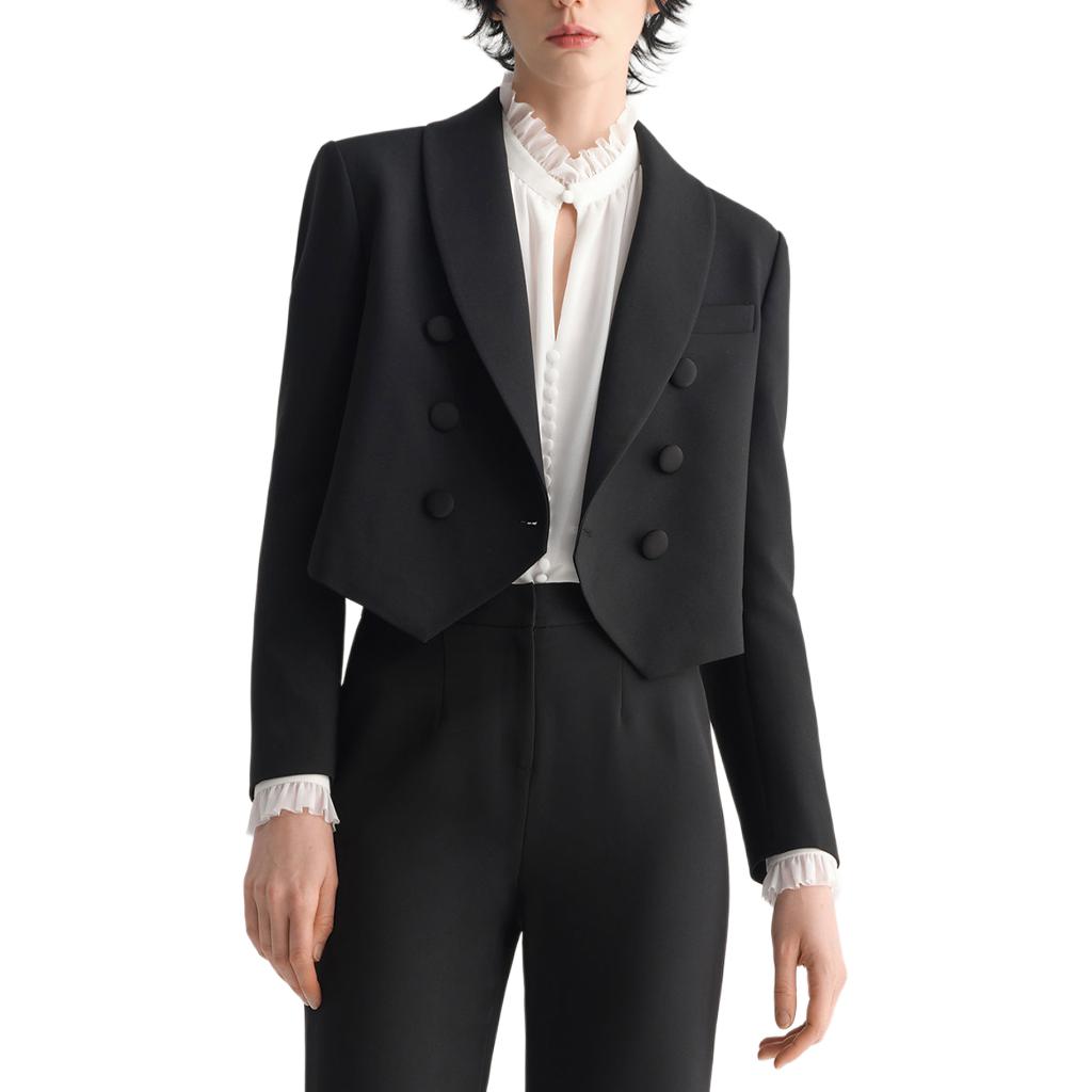 Lookbook (Women) KARL LAGERFELD  Black Double-Breasted Short Blazer with Notched Lapel 231L1435