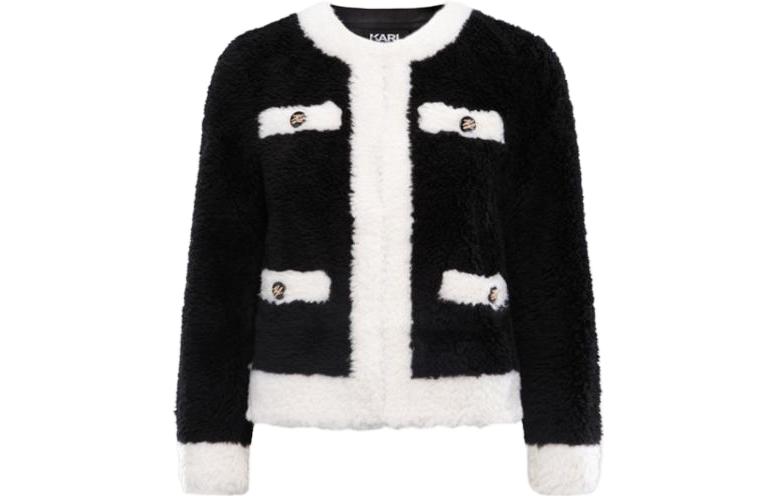 (Women) KARL LAGERFELD  Black Faux Fur Long Sleeve Top with Contrast Pocket 226L1933999