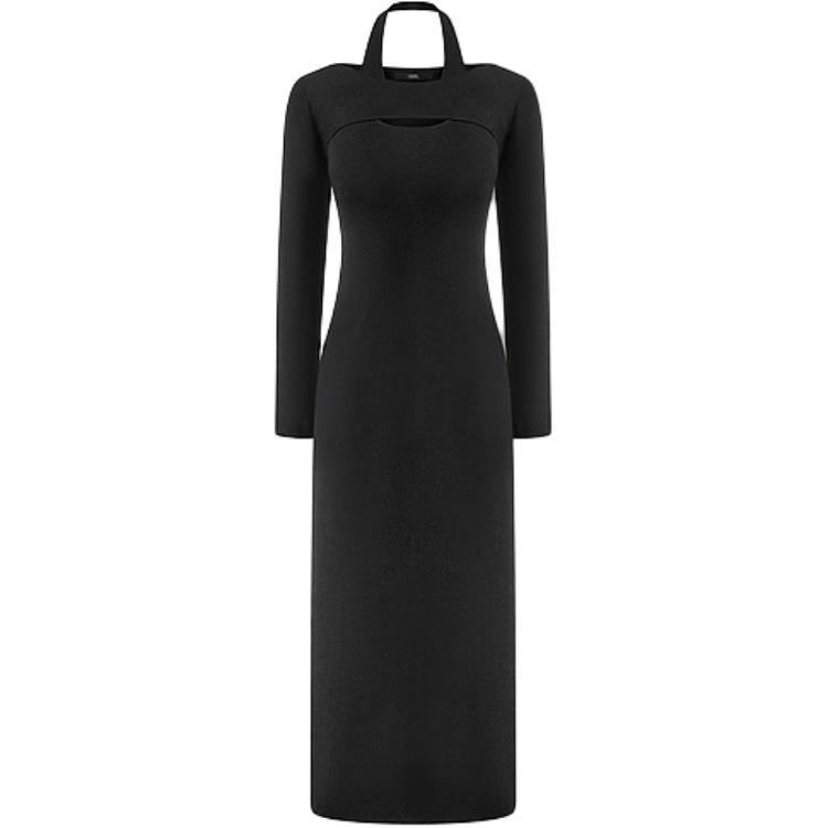 (Women) KARL LAGERFELD  Black Halterneck Midi Knit Long Sleeve Dress SS24 241L1330