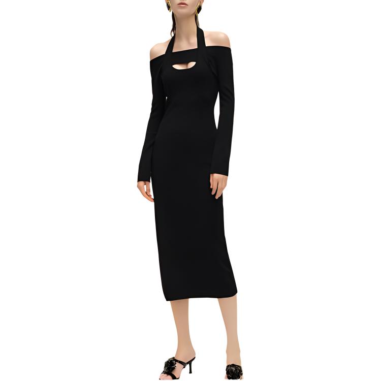 Lookbook (Women) KARL LAGERFELD  Black Halterneck Midi Knit Long Sleeve Dress SS24 241L1330