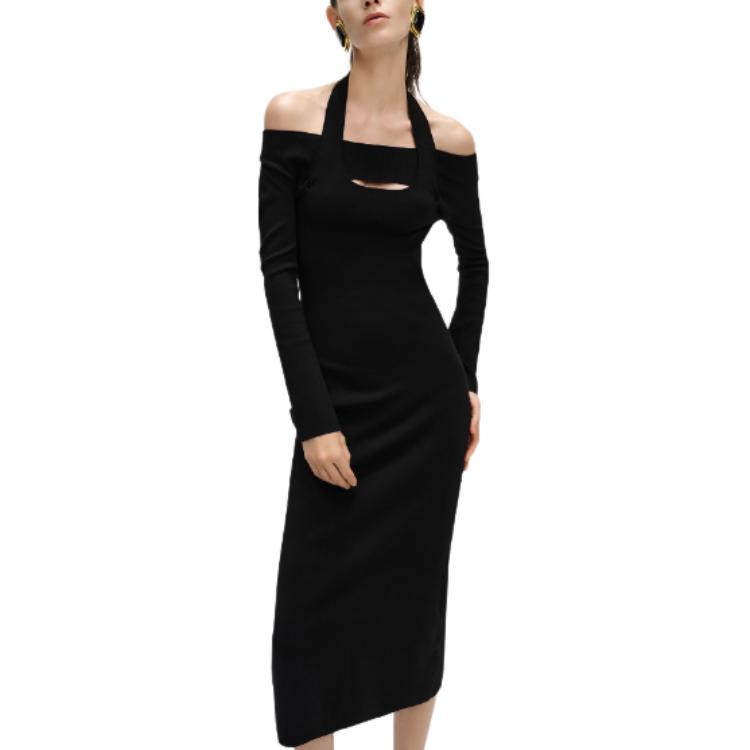 Details for (Women) KARL LAGERFELD  Black Halterneck Midi Knit Long Sleeve Dress SS24 241L1330
