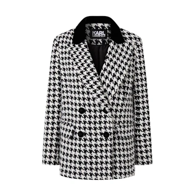 (Women) KARL LAGERFELD Black Houndstooth Double-Breasted Casual Blazer. 226L1432