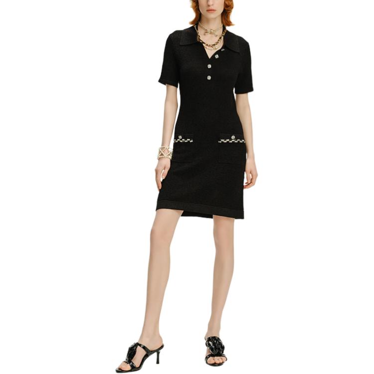 Order (Women) KARL LAGERFELD  Black Knit Short Sleeve V-Neck Crystal Dress. 241L1327