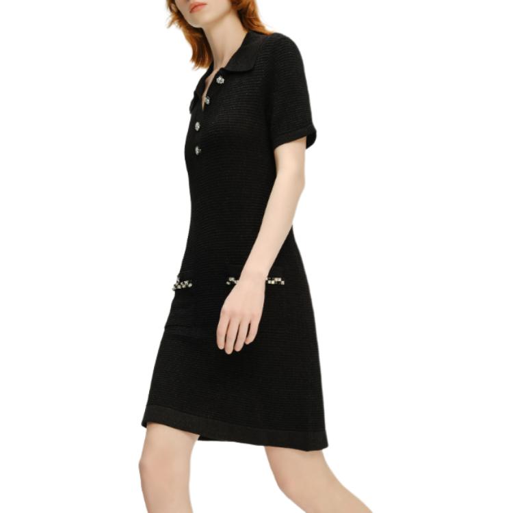 Sizing (Women) KARL LAGERFELD  Black Knit Short Sleeve V-Neck Crystal Dress. 241L1327