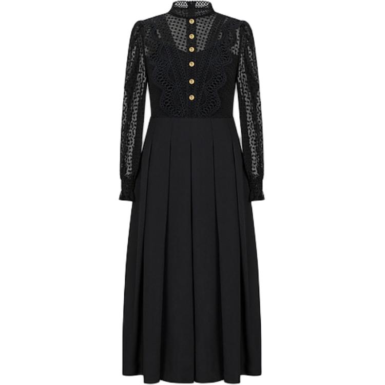 Order (Women) KARL LAGERFELD  Black Lace Pleated Midi Long Sleeve Casual Dress E36W1304