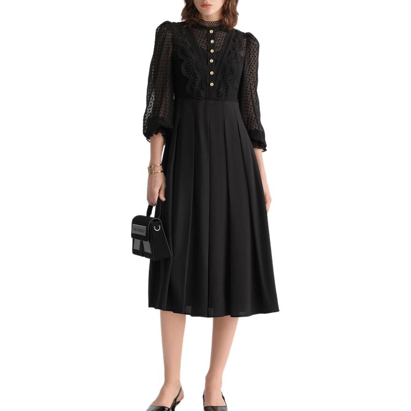 Shop (Women) KARL LAGERFELD  Black Lace Pleated Midi Long Sleeve Casual Dress E36W1304
