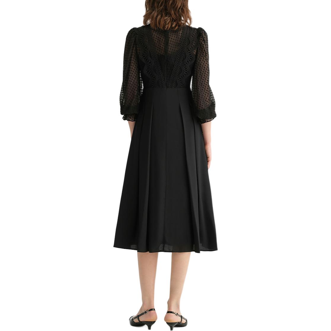 Purchase (Women) KARL LAGERFELD  Black Lace Pleated Midi Long Sleeve Casual Dress E36W1304