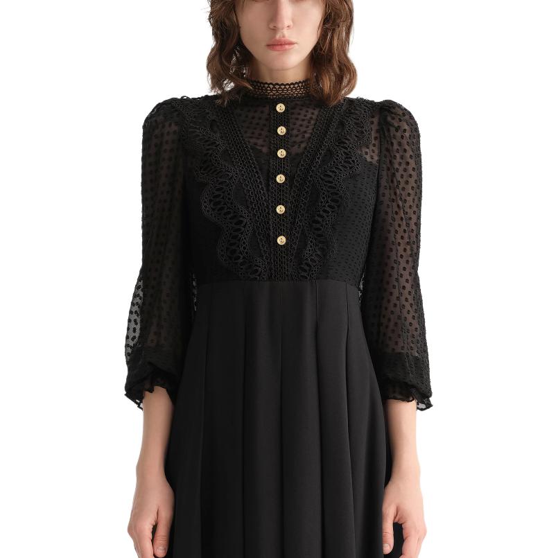 Details for (Women) KARL LAGERFELD  Black Lace Pleated Midi Long Sleeve Casual Dress E36W1304