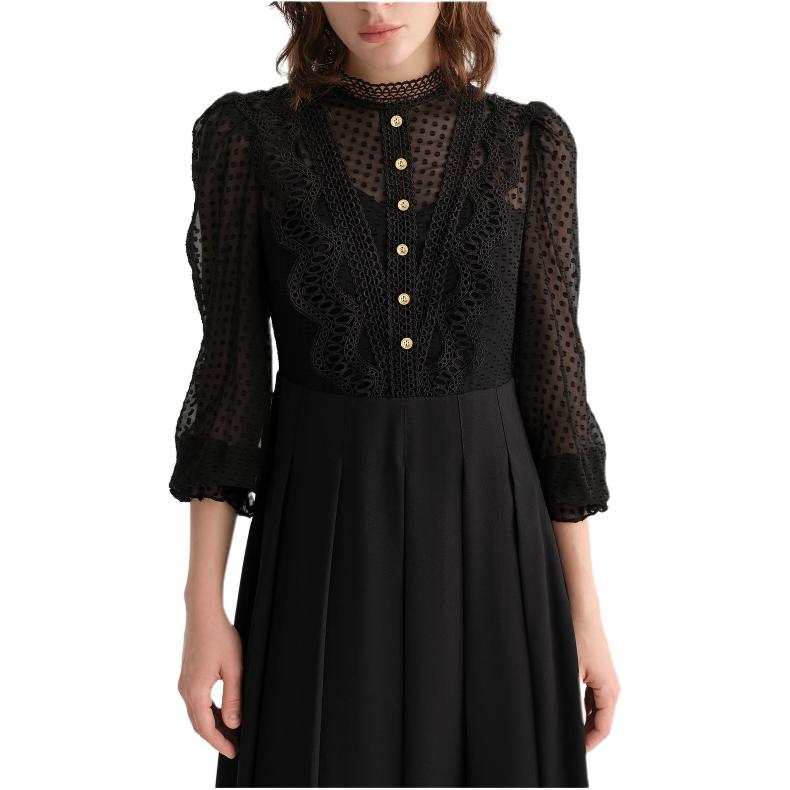 Sizing (Women) KARL LAGERFELD  Black Lace Pleated Midi Long Sleeve Casual Dress E36W1304