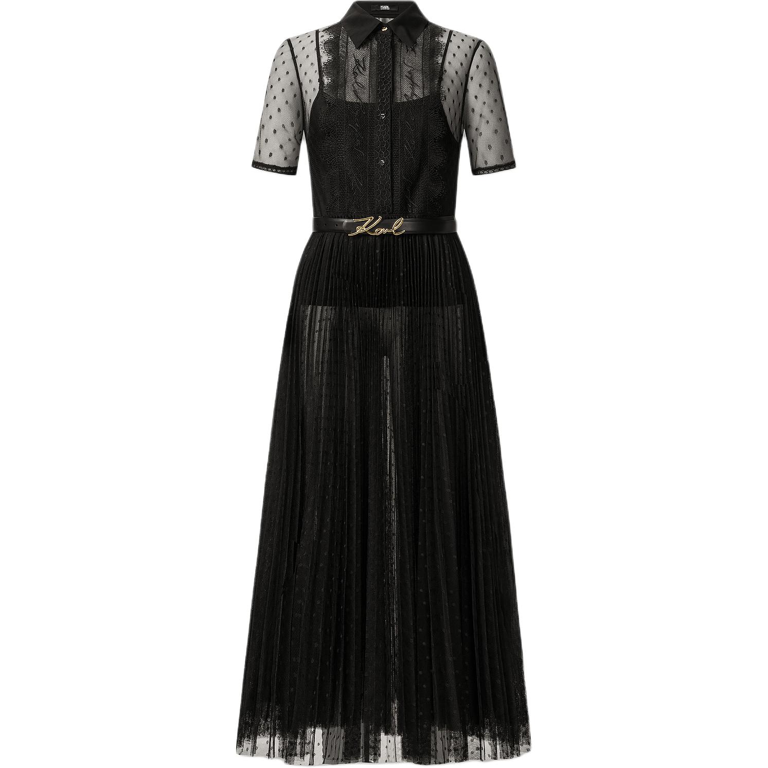 Order (W) KARL LAGERFELD Gaun Pendek Hitam Lengan Pendek dengan Renda dan Kancing 241L1371