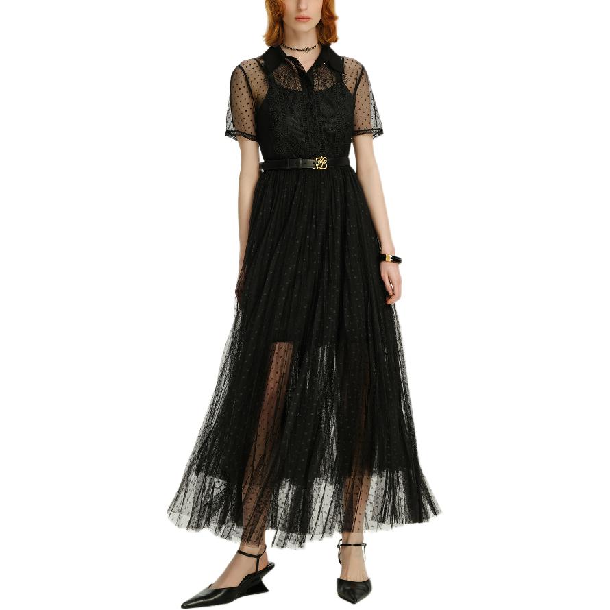 Lookbook (W) KARL LAGERFELD Gaun Pendek Hitam Lengan Pendek dengan Renda dan Kancing 241L1371