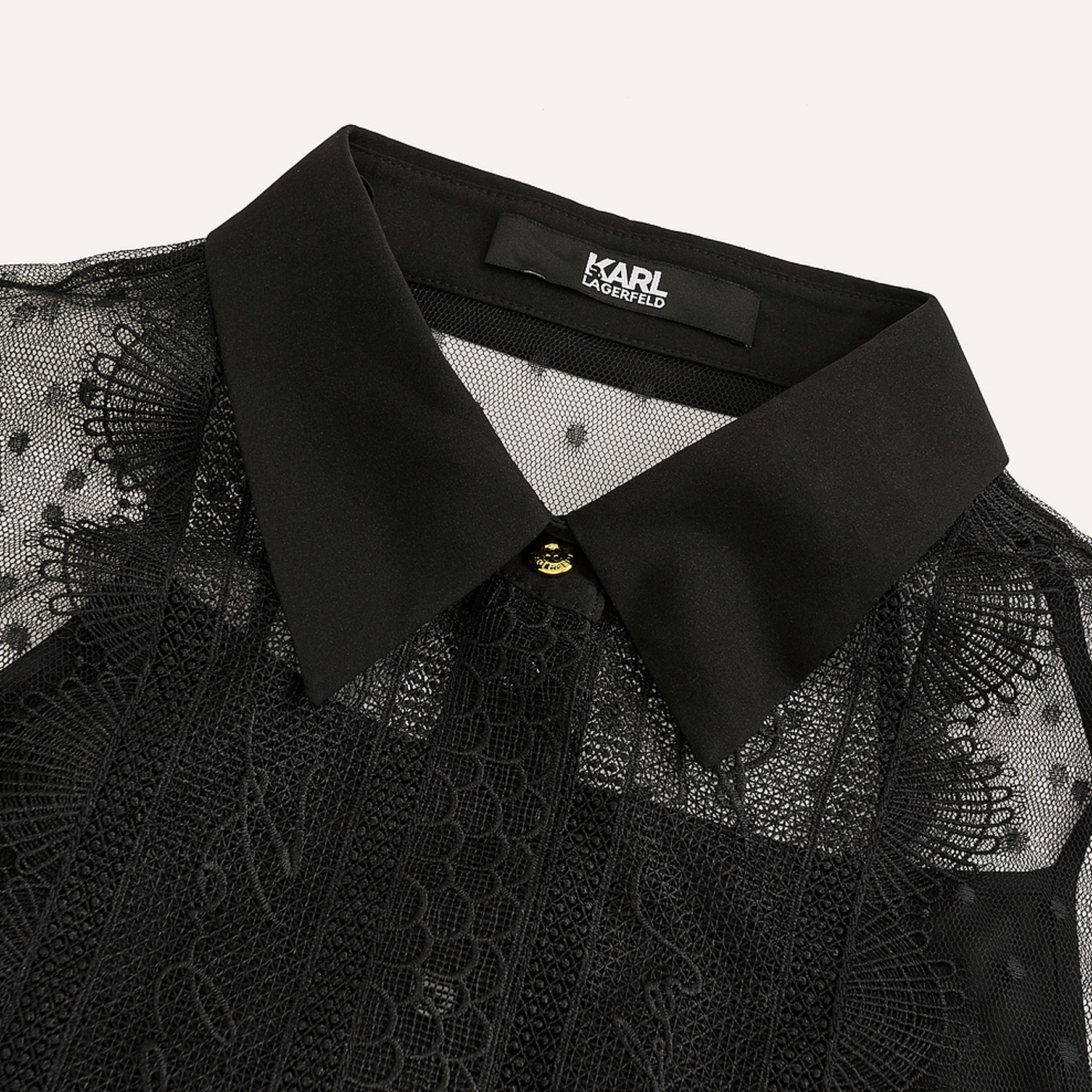 Sizing (W) KARL LAGERFELD Gaun Pendek Hitam Lengan Pendek dengan Renda dan Kancing 241L1371