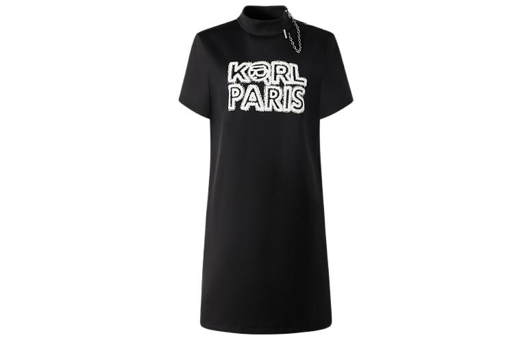 Order (Women) KARL LAGERFELD  Black Logo Print Short Sleeve Casual Dress. 236L13E5