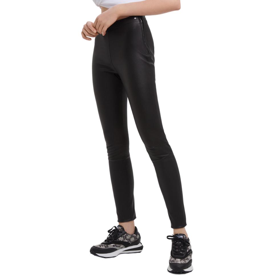 Details for (Women) KARL LAGERFELD  Black Mid-Waist Straight Leather Pants Casual 203W1900