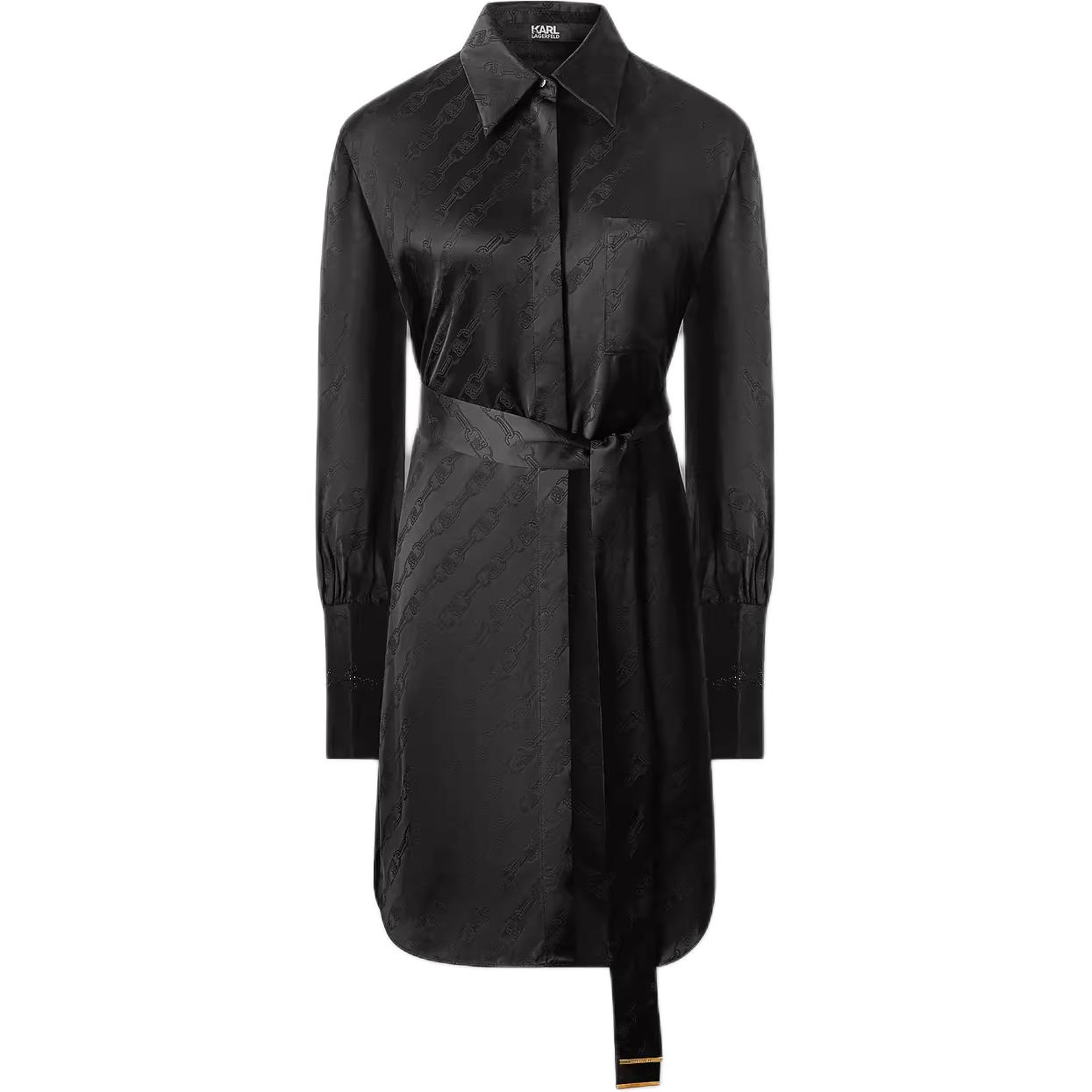 (Women) KARL LAGERFELD  Black Midi Belted Long-Sleeve Shirt Dress 236L1351