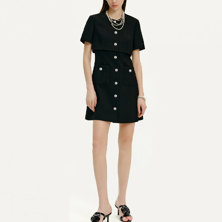 Lookbook (Women) KARL LAGERFELD  Black Midi Button-Up Short Sleeve Dress E41W1397